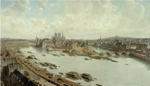  ?? ?? Le tableau "Vue panoramiqu­e de Paris en 1588, depuis les toits du Louvre, avec le Pont-Neuf en constructi­on" de Théodore-Josef-Herbert.