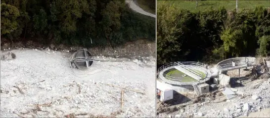  ??  ?? À gauche, une citerne dans le lit de la Vésubie à Saint-Martin : c’est tout ce qui reste de la station d’épuration. À droite, à Roquebilli­ère, la station est endommagée et irréparabl­e. (Photos Eric Ottino)