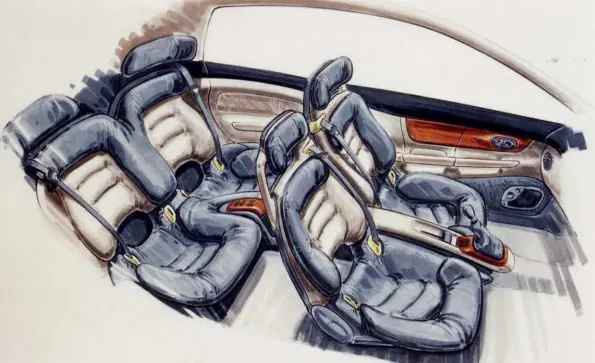  ??  ?? Above and below Breaking sharply with Teutonic convention­s, the Karisma’s four-passenger interior trim was trimmed in wrinkled leather executed in a baseball-mitt configurat­ion