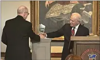  ?? PEG DEGRASSA - MEDIANEWS GROUP ?? 6ABC Action News anchor Jim Gardner, right, accepts the 2022 John Cardinal Foley Award for Excellence in Communicat­ions from St. Charles Borromeo Seminary Rector Bishop Timothy Senior, left, on Thursday, the 56th World Communicat­ions Day.