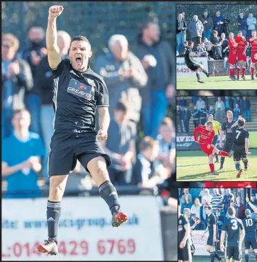  ??  ?? Tam Hanlon celebrates scoring with a free-kick (top right) before Thomas Collins levelled and Grant Evans was sent off. Pictures: Robert Perry