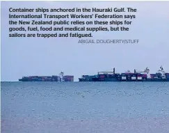  ?? ABIGAIL DOUGHERTY/STUFF ?? Container ships anchored in the Hauraki Gulf. The Internatio­nal Transport Workers’ Federation says the New Zealand public relies on these ships for goods, fuel, food and medical supplies, but the sailors are trapped and fatigued.