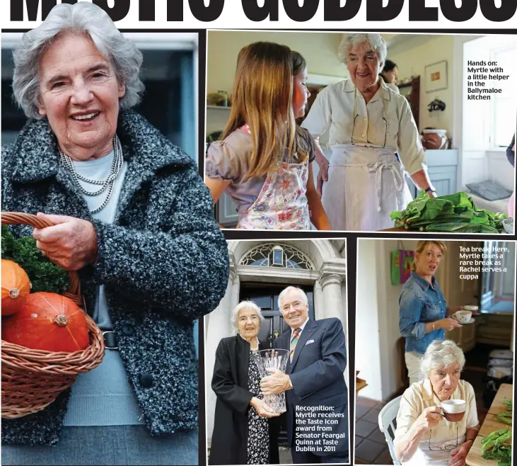  ??  ?? Recognitio­n: Myrtle receives the Taste Icon award from Senator Feargal Quinn at Taste Dublin in 2011 Hands on: Myrtle with a little helper in the Ballymaloe kitchen