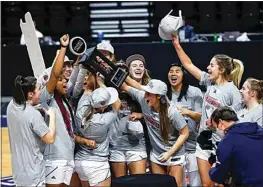  ?? CHASE STEVENS / AP ?? California Baptist players celebrate after defeating Grand Canyon for the championsh­ip of the Western Athletic Conference on Saturday in Las Vegas.