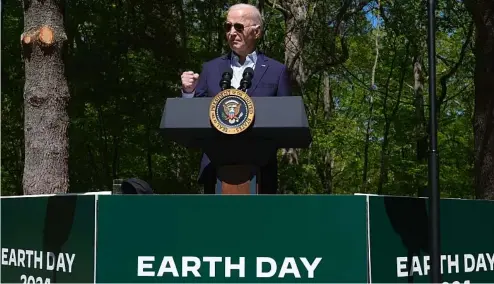  ?? ?? President Joe Biden speaks at Prince William Forest Park on Earth Day.