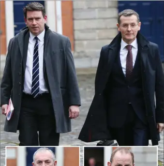  ??  ?? Fine Gael TD John Deasy, left, and Seamus McCarthy, Comptrolle­r &amp; Auditor General, leaving the Disclosure­s Tribunal in Dublin Castle. Mr McCarthy is expected to give evidence today. Inset: TD John McGuinness, left, and Sgt Maurice McCabe. Photos: Stephen Collins