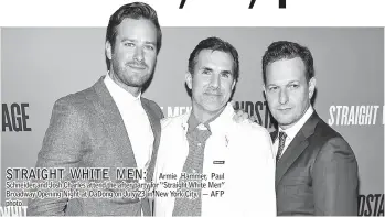  ??  ?? Armie Hammer, Paul Schneider and Josh Charles attend the after party for “Straight White Men” Broadway Opening Night at DaDong on July 23 in New York City. — AFP photo