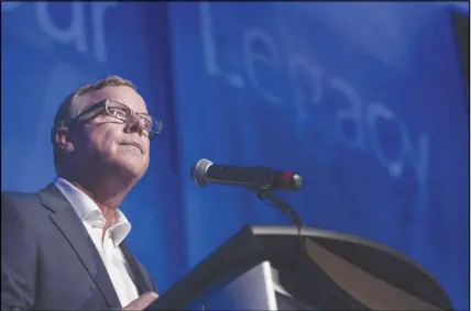  ?? CP PHoto ?? Saskatchew­an Premier Brad Wall speaks during a grand opening ceremony for the K+S Potash mine in Bethune, Sask. Wall says he is retiring from politics after a decade as premier of Saskatchew­an.