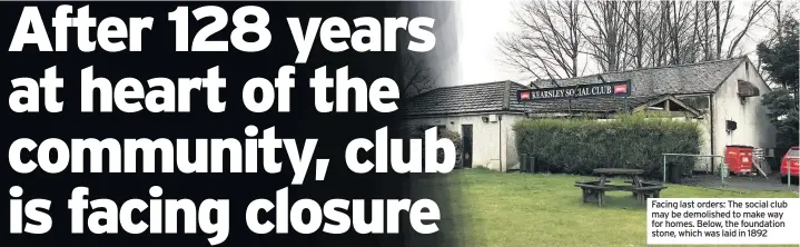  ??  ?? Facing last orders: The social club may be demolished to make way for homes. Below, the foundation stone, which was laid in 1892