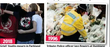  ??  ?? Grief: Youths mourn in Parkland Tribute: Police officer lays flowers at Dunblane