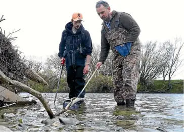  ?? ROBYN EDIE/STUFF ?? Left: Freshwater ecologist Matt Dale shows cadet Josh Aitken how to safely use electro fishing equipment. The machine lightly stuns fish and is one of multiple monitoring methods the Kaitiaki Taiao Tauira cadets are learning.