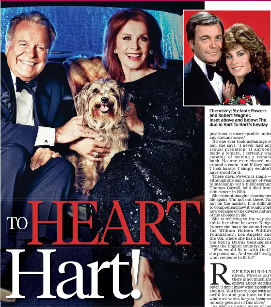  ??  ?? Chemistry: Stefanie Powers and Robert Wagner. Inset above and below: The duo in Hart To Hart’s heyday