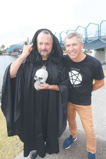  ?? ?? Noosa Temple of Satan’s Robin Bristow and Trevor Bell visited the Gold Coast last week to reclaim a “demonic stronghold” at HOTA. Picture: Mike Batterham
