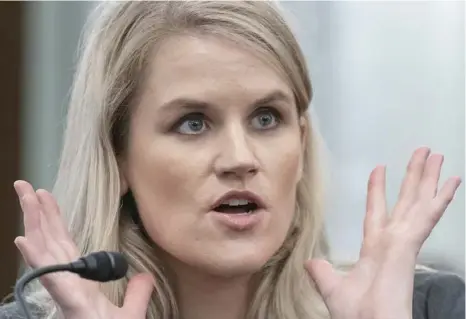  ?? ?? Former Facebook employee Frances Haugen speaks during a hearing of the Senate Commerce, Science, and Transporta­tion Subcommitt­ee on Consumer Protection, Product Safety, and Data Security, on Capitol Hill, on Tuesday, in Washington.