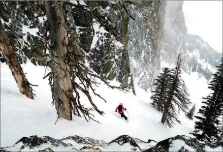  ?? PHOTOS BY DINA MISHEV FOR THE WASHINGTON POST ?? One of the expert skiers in the Elevate Women’s Ski Camp skis powder in the ski area’s Rock Springs Bowl. About 60 women participat­e in each of the two women’s camps held each winter.