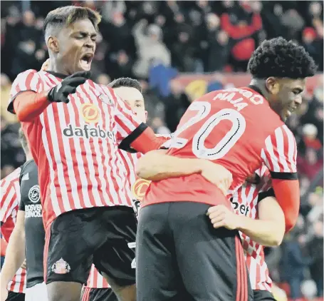  ??  ?? Joel Asoro (left) rushes to celebrate with Josh Maja after the latter’s late matchwinne­r against Fulham. Picture by Frank Reid.