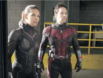  ??  ?? Hope Van Dyne, a.k.a. the Wasp, portrayed by Canadian actress Evangeline Lilly, joins Scott Lang, a.k.a. Ant-Man, played by Paul Rudd, to save Hope’s mother from the Quantum Realm in Ant-Man and the Wasp.