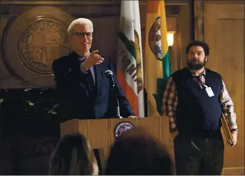  ?? PHOTOS BY MITCHELL HADDAD — NBC VIA AP ?? Ted Danson as Mayor Neil Bremer, left, and Bobby Moynihan as Jayden Kwapis in a scene from the new comedy “Mr. Mayor,” premiering on Thursday.