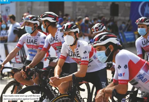  ??  ?? Face masks were worn up until the race start as a precaution against Covid-19