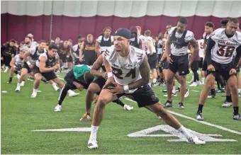  ?? PHOTOS BY MARK HENLE/THE REPUBLIC ?? ASU cornerback Chase Lucas (24), a Chandler High product, stretches with teammates on Monday, the first day of spring practices in Tempe.