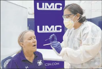  ?? Mikaela Hall The Meadows School ?? Kim Jacobs, an employee at The Meadows School, undergoes COVID-19 testing. The school is partnering with University Medical Center to provide testing two days a week.