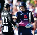  ??  ?? New Zealand's captain Kane Williamson (L) congratula­tes England's Jonny Bairstow on his 100 runs as Bairstow walked from the field after hitting his own wickets during the fifth and final ODI at Hagley Oval in Christchur­ch - AFP