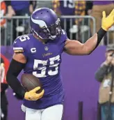  ?? GETTY IMAGES ?? Vikings linebacker Anthony Barr harassed Rams quarterbac­k Matt Stafford on Sunday and had two intercepti­ons.