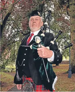  ??  ?? Bruce Cowie with his pipes at his home in Kirriemuir.