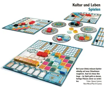  ?? Fotos: Queen Games; Next Move/plan B Games ?? Bei Luxor (links) müssen Spieler ständig auf neue Situatione­n reagieren. Azul ist etwas fürs Auge – im Spiel geht es darum, farbige Fliesen clever zu vertei len.