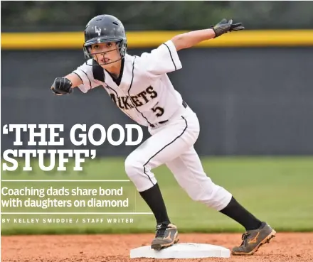  ?? STAFF FILE PHOTOS BY ROBIN RUDD ?? BY KELLEY SMIDDIE / STAFF WRITER Lookout Valley’s Katie Dinger prepares to take off from second base during a game. The junior has played softball for her father, David, at Lookout Valley since she was in sixth grade.