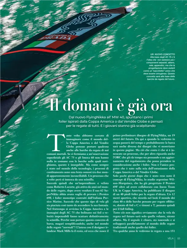  ??  ?? UN NUOVO CONCETTO Alla base degli AC 75 c’è l’idea che non esistono più i componenti separati, albero, vele, appendici, ma che la progettazi­one deve vederli come un “pacchetto” unico che deve essere omogeneo. Questo concetto sarà alla base delle barche da regata del futuro.