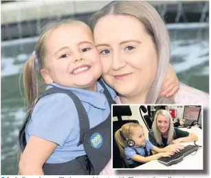  ??  ?? ●●Isabella and mum Chelsea, and inset, with Clare at the call centre