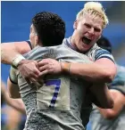  ??  ?? Sale’s Jean-Luc du Preez (right) and Cameron Neild celebrate the win