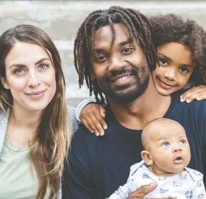  ?? DAVE SIDAWAY ?? Alouettes running back Tyrell Sutton with his wife, Emilie Desgagné, 6-year-old daughter Kiara Gaudin and 8-week-old son Tyson Sutton. An American, Sutton says he is in the process of becoming a Canadian citizen and plans to live in Montreal post-career.