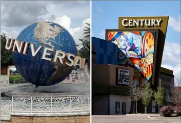  ?? AP PHOTO ?? This combinatio­n photo shows the Universal Studios globe in 2019, in Orlando, Fla., left, and the Cinemark Century 16 movie theater in Aurora, Colo., in 2016.