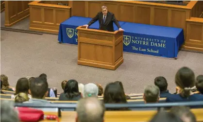  ??  ?? US attorney general William Barr speaks to Notre Dame Law School students and faculty on 11 October. Photograph: Robert Franklin/AP