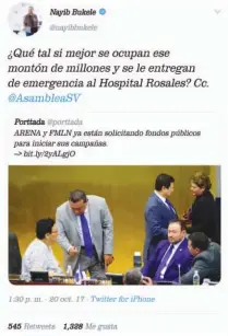  ??  ?? MENSAJE. ESTE FUE EL MENSAJE EN 2017 DE NAYIB BUKELE SOBRE LA DEUDA POLÍTICA DE ARENA Y FMLN.