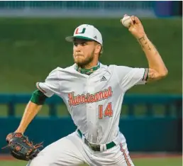  ?? TIM BROGDON/MIAMI ATHLETICS ?? Hurricanes pitcher Carson Palmquist struggled against N.C. State on Wednesday night, giving up six runs, five of them earned.