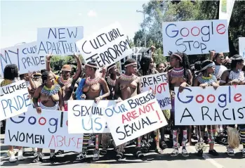  ?? / MDUDUZI NDZINGI ?? Young girls gathered in Johannesbu­rg to march against Google and Facebook for restrictin­g African content as inappropri­ate.