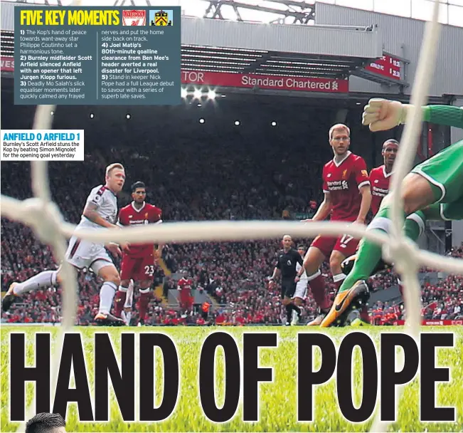  ??  ?? 1) The Kop’s hand of peace towards want-away star Philippe Coutinho set a harmonious tone. 2) Burnley midfielder Scott Arfield silenced Anfield with an opener that left Jurgen Klopp furious. 3) Deadly Mo Salah’s slick equaliser moments later quickly...