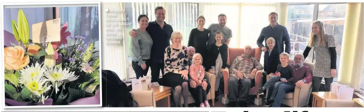  ??  ?? Stanley Twist surrounded by his family and, left, some birthday flowers