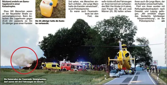  ??  ?? Ein 20-Jähriger hatte die Kanister vertauscht.
Die Kameraden der Feuerwehr Steinigtwo­lmsdorf waren mit drei Fahrzeugen im Einsatz.