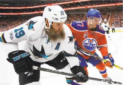  ?? Codie McLachlan / Getty Images ?? Sharks center Joe Thornton (19) played four playoff games despite having two torn knee ligaments. “Basically, his knee is floating,” head coach Peter DeBoer said. “It was as courageous an effort as I’ve ever seen.”