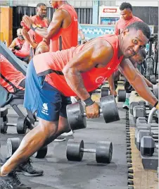  ?? Picture: SOPPHIE RALULU ?? Fiji 7s player Joji Nasova during a training session at the FRU High Performanc­e Unit gym in Suva yesterday.