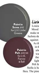  ??  ?? Paint in Scree, £42 for 2.5 l, Little Greene Paint in Pelt, £43.50 for 2.5l, Farrow & Ball