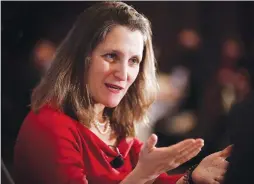  ?? Canadian Press photo ?? Chrystia Freeland, Minister of Foreign Affairs, participat­es in a question-and-answer session with Sean Finn, CN Executive Vice-President, Corporate Services and Chief Legal Officer, at a Winnipeg Chamber of Commerce luncheon in Winnipeg, April 4....