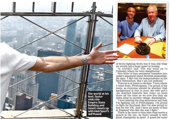  ?? ?? The world at his feet: Taylor visits the Empire State Building and (inset) meets up with Mail Sport’s Jeff Powell