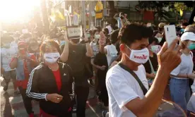  ??  ?? Demonstrat­ors march during a protest demanding the resignatio­n of Thailand’s prime minister Prayuth Chan-o-cha, in Bangkok, Thailand. Photograph: Jorge Silva/Reuters