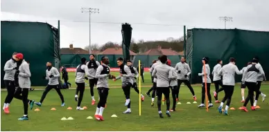  ?? (AFP) ?? In this March 10, 2020, picture, Liverpool players attend a training session at Melwood in Liverpool, United Kingdom, on the eve of their UEFA Champions League last 16 second leg match against Atletico Madrid.