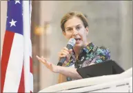  ?? Tyler Sizemore / Hearst Connecticu­t Media ?? Susan Bysiewicz, candidate for lieutenant governor, speaks at the Greenwich Democratic Town Committee Cookout and Campaign Rally Sept. 16.